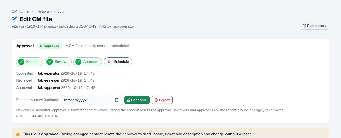 A CM file approval card: submitted, reviewed and approved by three different people, then scheduled