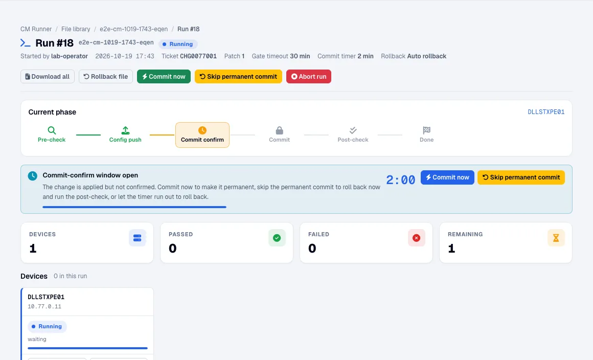 A CM Runner run in its commit-confirm window, with Commit now and Skip permanent commit buttons and a two minute timer